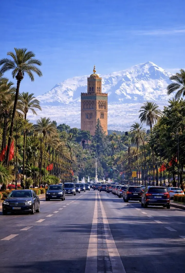 Koutoubia Mosque and snow-capped Atlas mountains, Marrakech avenue